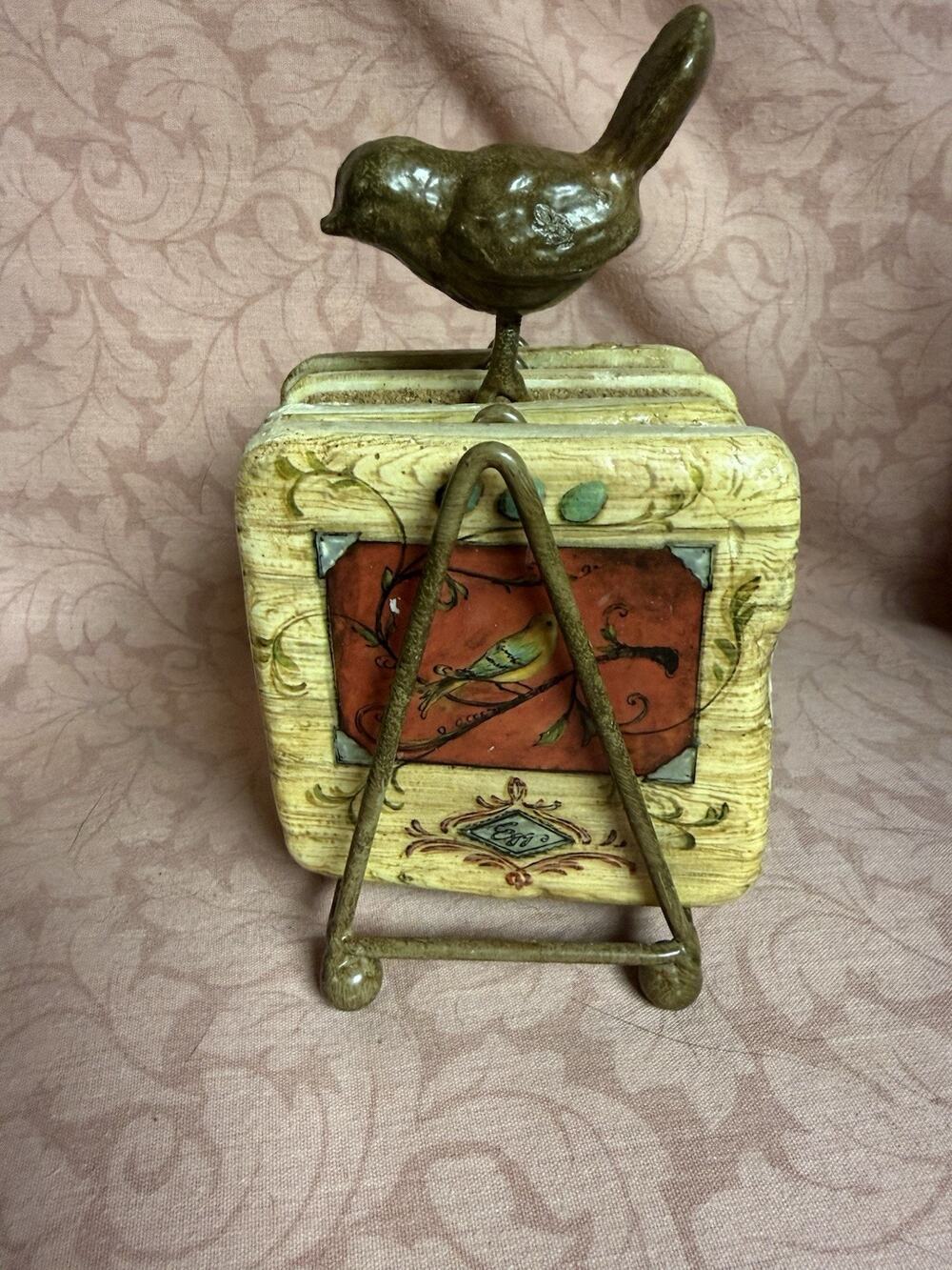 Vintage Kate McRostie Design Works Resin Coaster Set with Tin Bird Stand